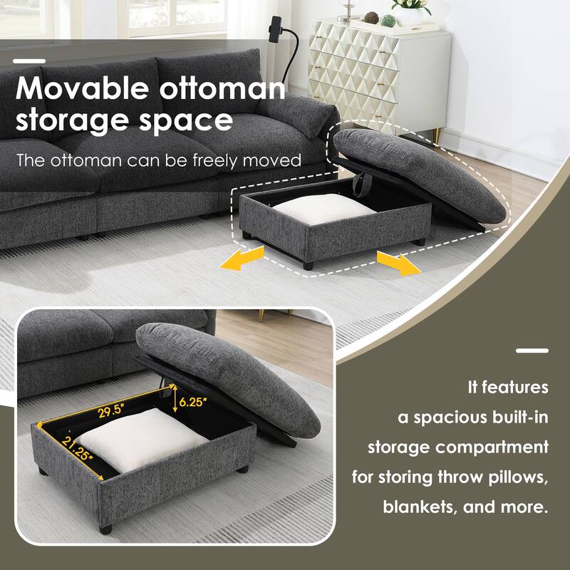 Roomfitters 96.5" L-Shaped Sectional Sofa with Storage Ottoman, Phone Holder, USB Charging, Deep Seat Chenille Couch