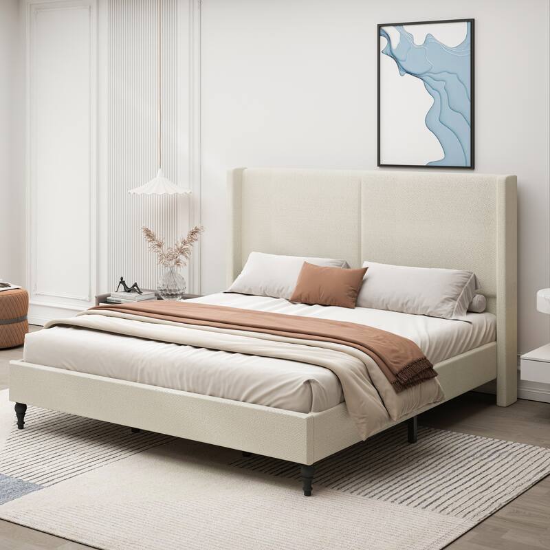 Boucle Upholstered Platform Bed with 55.5" High Wingback Headboard, Slats Support, Solid Wood Feet and Optional King or Queen