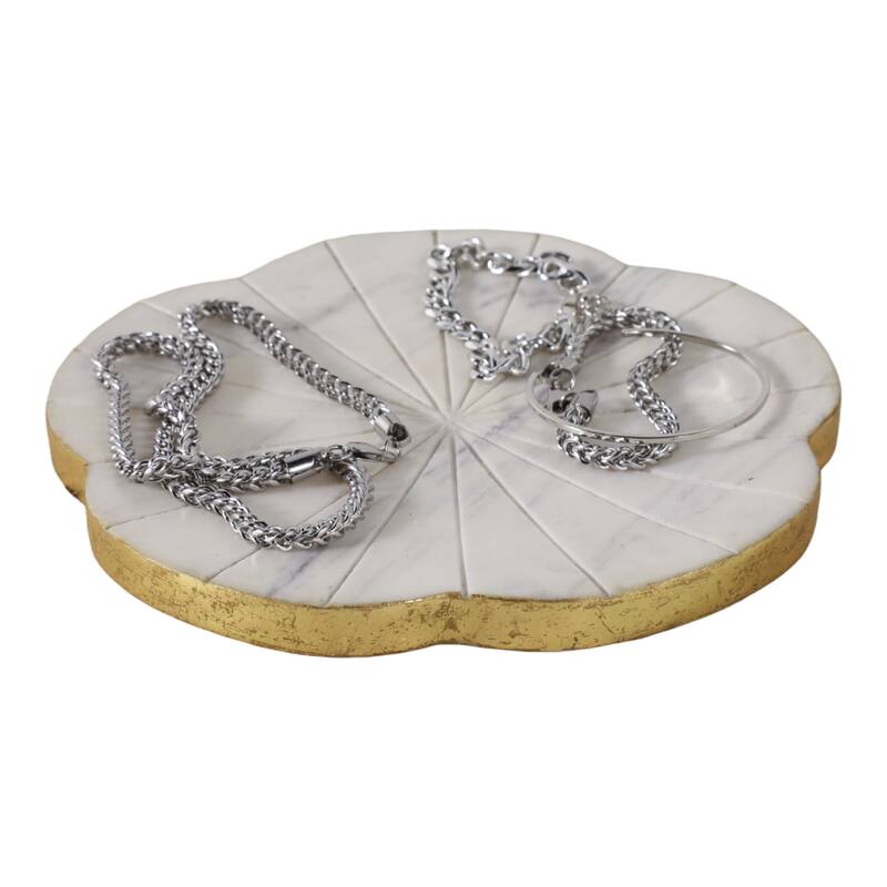 Stone Marble Trinket Tray Round Floral Design Modern Glam - 1" White - 8" x 8" x 0.5"