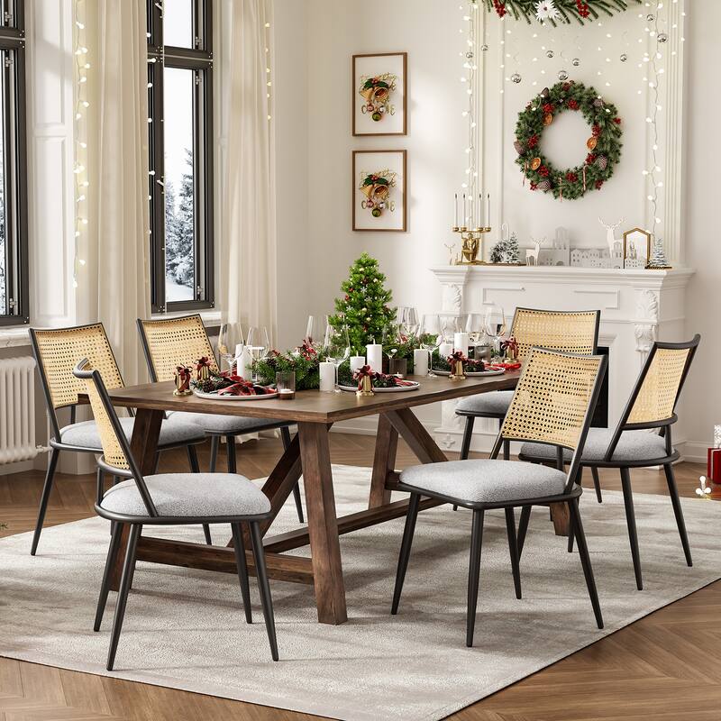 Dining Chairs Set of 2, Mid-Century Modern Kitchen Chairs with Rattan Backrest & Metal Frame, Boucle Upholstered Accent Chairs