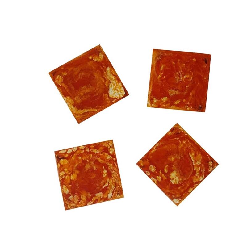 Set of 4 Square Orange Coasters Resin Dia 3.9" - Orange