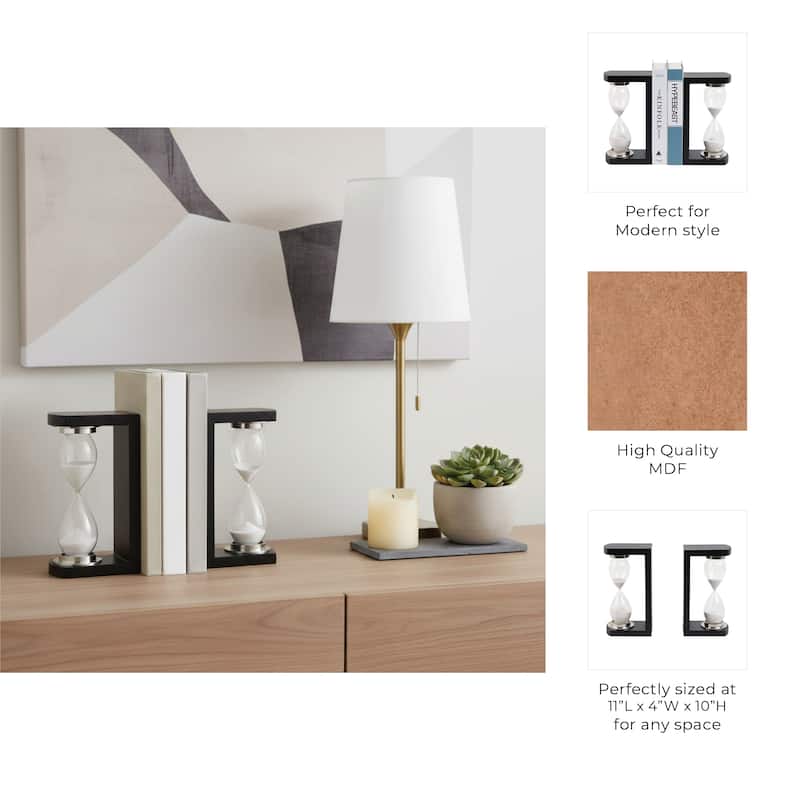 Decorative Hourglass Sand Timer Bookends - Set of 2, 10", Black - 11.0"