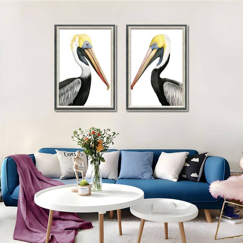 Set of 2 Pelican Bird Framed Wall Art - Replaceable Canvas Prints with Solid Wood Picture Frames, Modern Nature Wall Decor