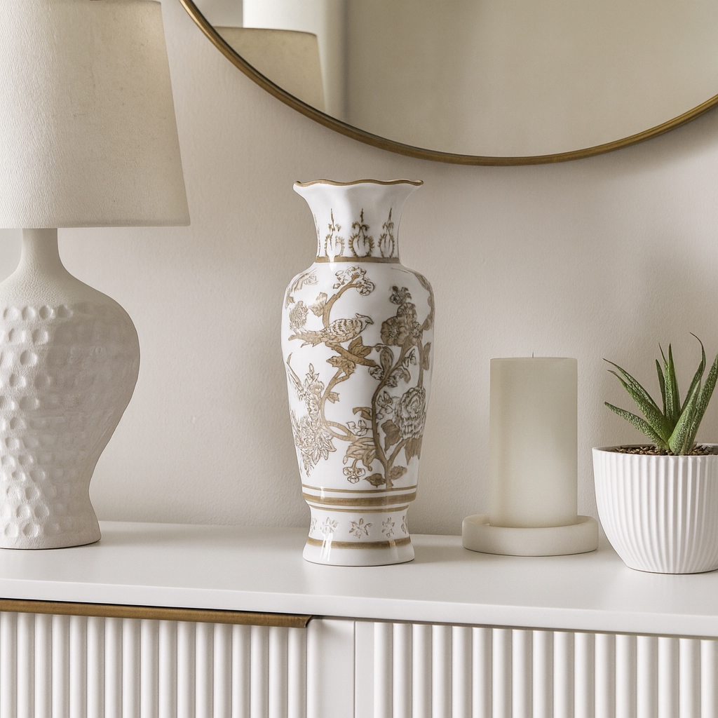 wan♡wan Decorative Bird and Vines Chinoiserie Vase - White & Brown, 13