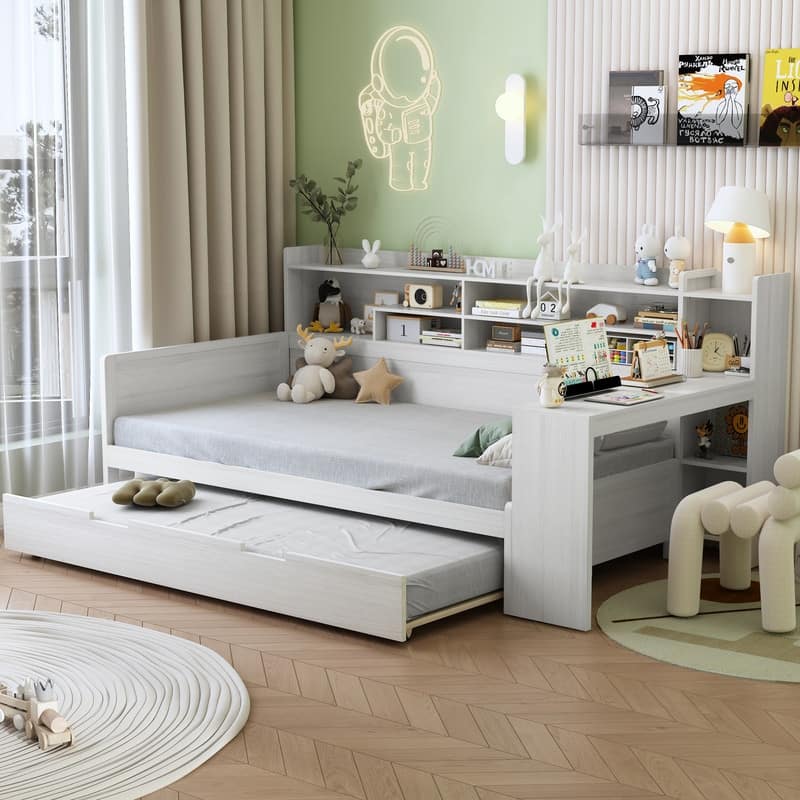 Wooden Daybed with Storage Shelves, Multi-functional Bed with Twin Size Trundle Bed and Study Desk - Twin - White
