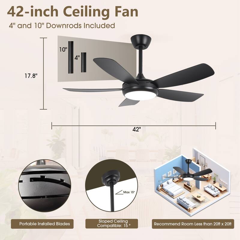 42" Modern Black Stepless Dimming LED Easy Installation 5-Blades Ceiling Fan with Light and Remote