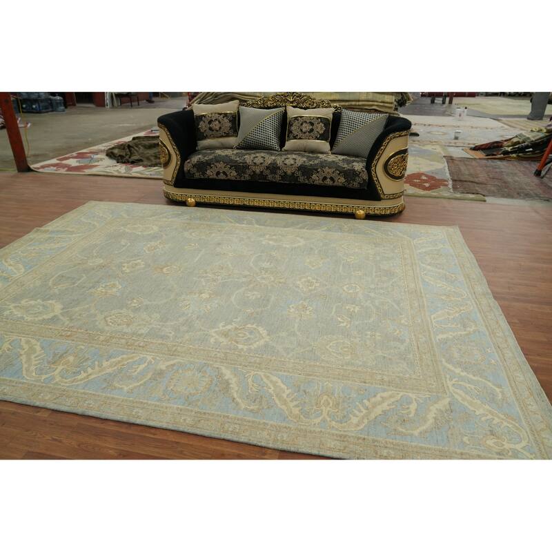 Handmade Gray Oushak Vegetable Dye Area Rug, Floral Geometric Carpet - 12' 1'' X 9' 1''