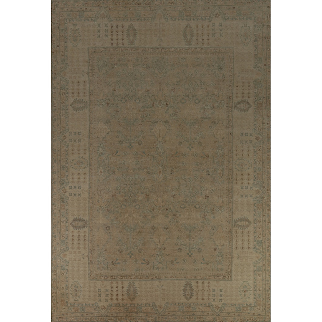 Vegetable Dye Oushak Turkish Area Rug Hand-Knotted Beige Wool Carpet - 9'0" x 12'7"