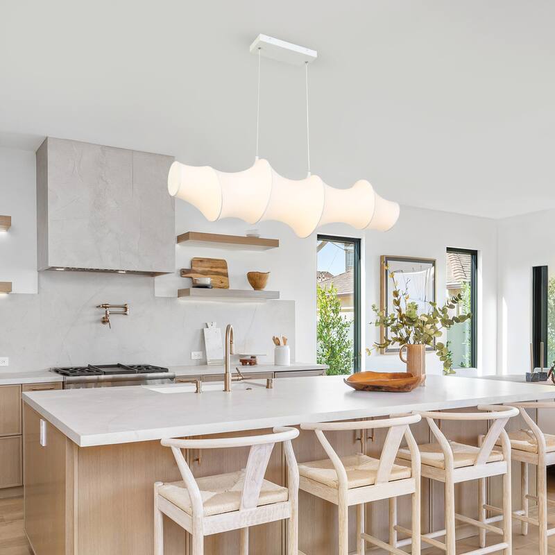 Modern 1-Light LED White Linear Island Chandelier Sculptural Silk Shade - White & Gold - W43.3"*D11.4"*H12.6"