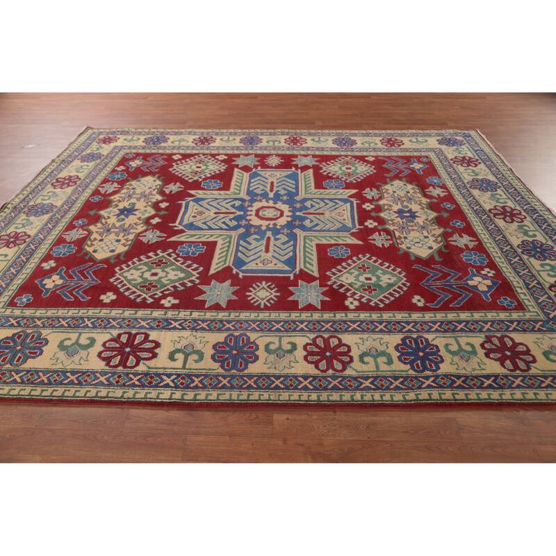 Red Geometric Kazak Area Rug Hand-Knotted Wool Carpet - 8'1" x 9'7"