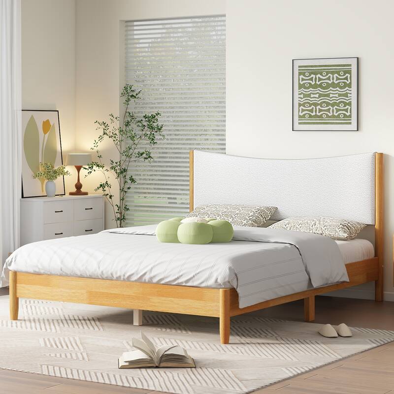 Queen Size Rubber Wooden, Solid Wooden Bed w/ Teddy Velvet Cushion Upholstered Headboard, Enhanced by Support Feet, Beech White