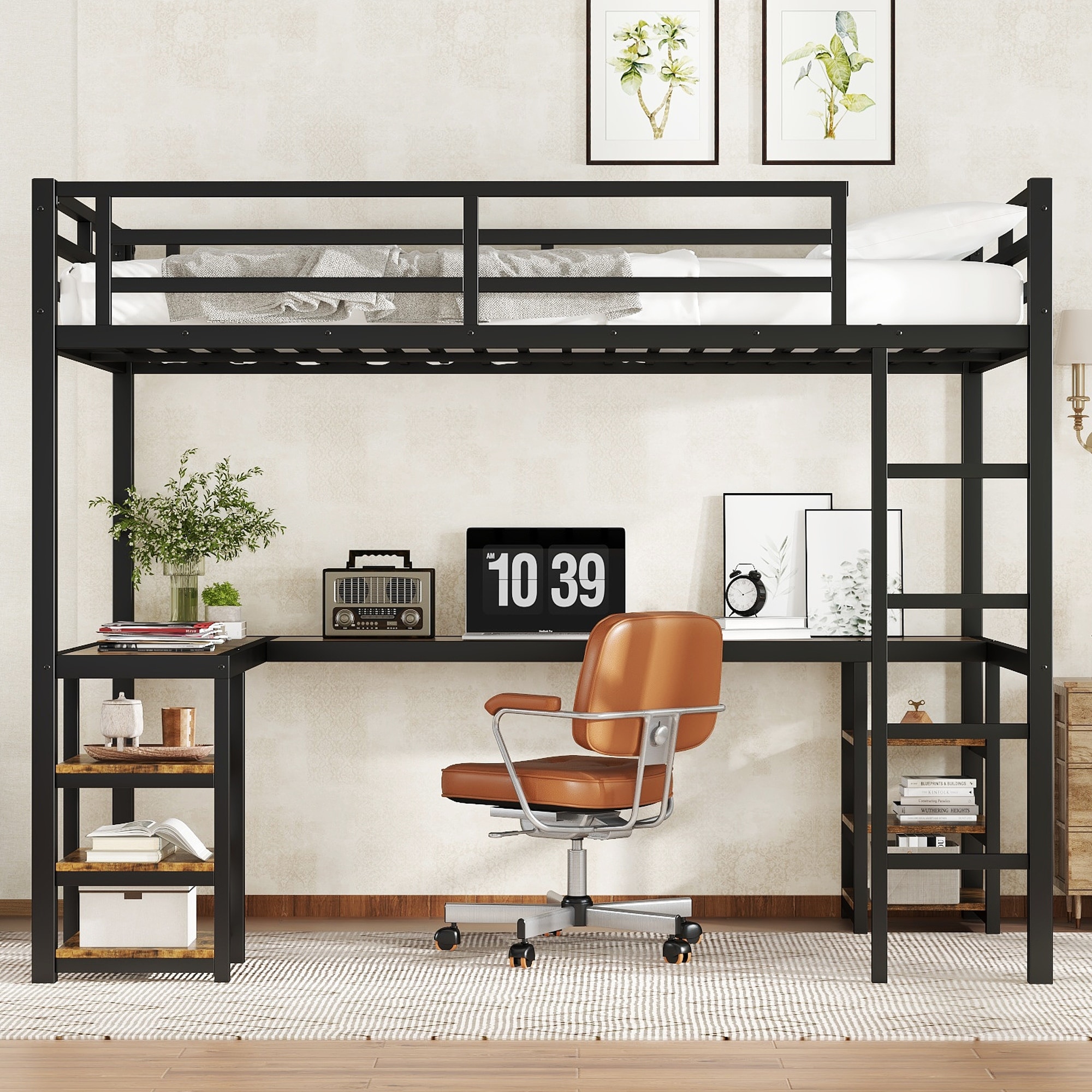 Roomfitters Twin XL Metal Loft Bed with L-Shaped Desk and Shelves, High Sleeper Workstation, Black