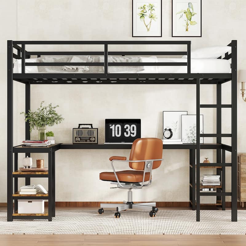 Twin XL Metal Loft Bed with Desk and Shelves, Ladder & Guardrails