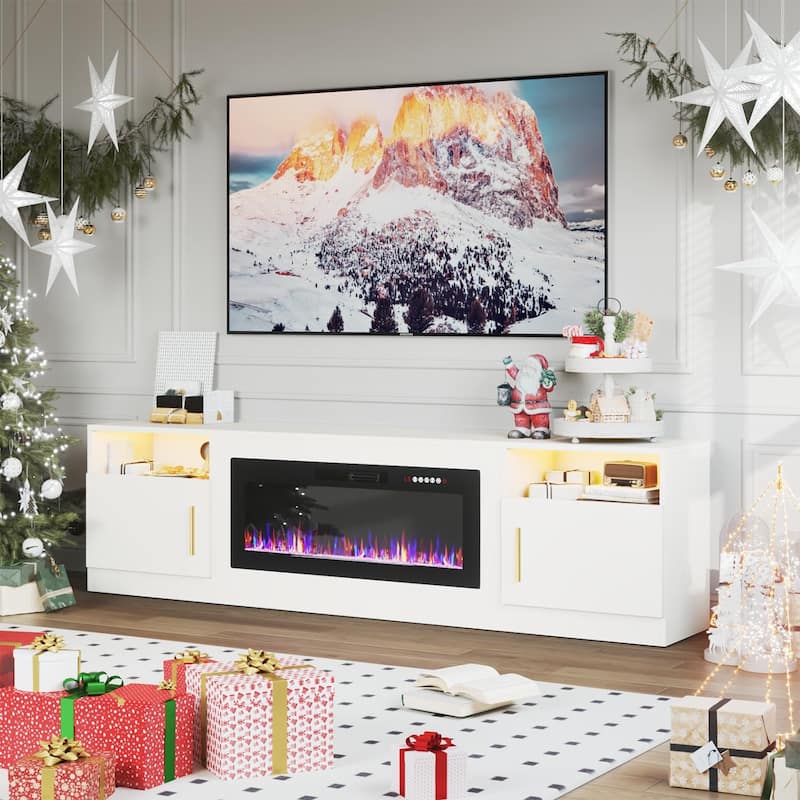 80" Modern Electric Fireplace TV Stand with 20-Color LED Lights, Fits Up to 90" TV, Adjustable Shelves & Cable Management