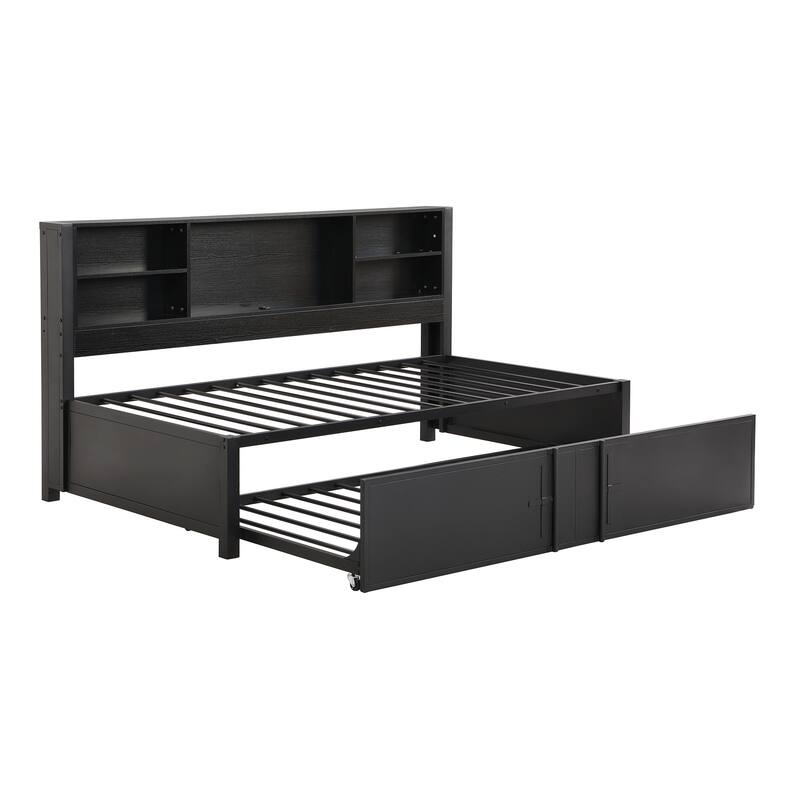 Black Metal Twin Daybed with Trundle, Storage Shelving, and USB Ports - No Box Spring Necessary