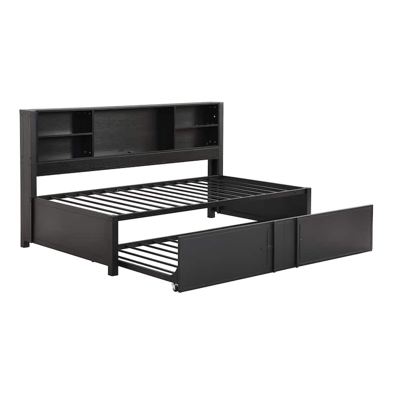 Twin Metal Daybed with Trundle, Shelves & USB