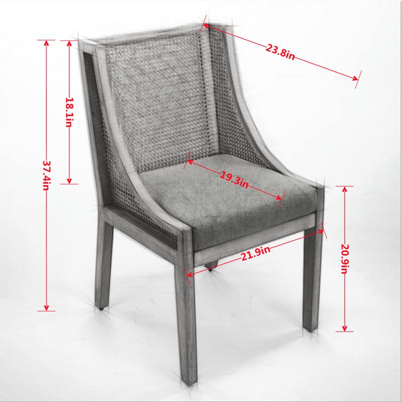 Country Style Rattan Dining Chair with Decorative Arms and Linen Upholstered Seat, for Kitchen, Dining Room, Olive Green