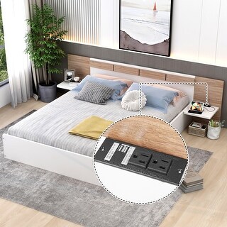 Modern Simple Queen Size Platform Bed with Shelves, USB Ports and Sockets Multi-Functional Bed Frame for Kids Teens Adults