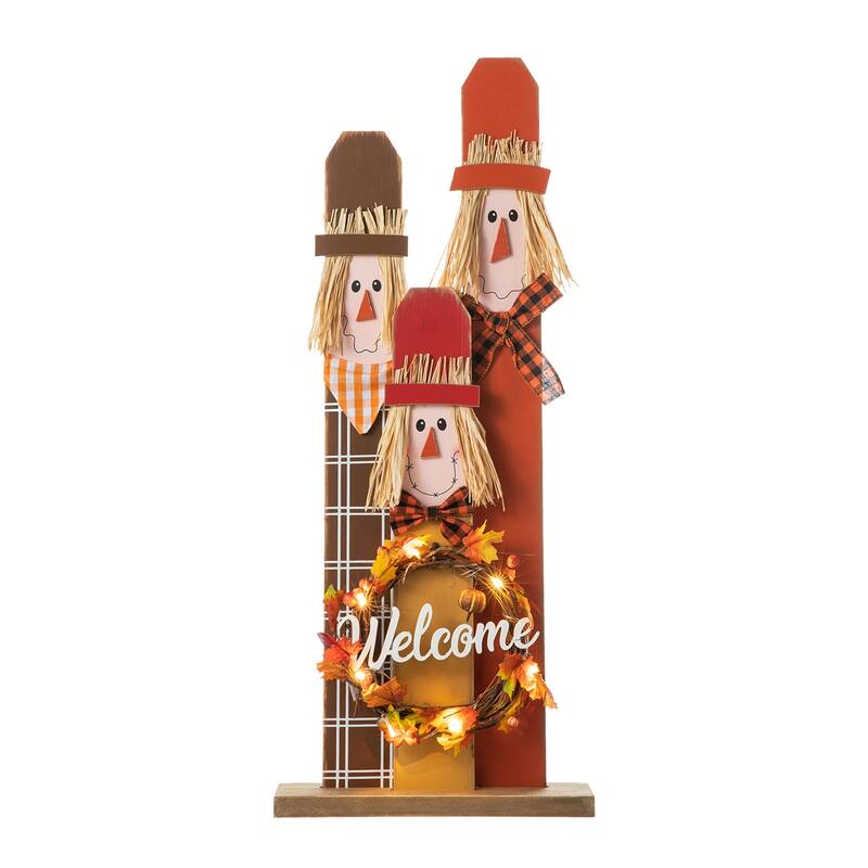 Glitzhome 36.25"H Lighted Wooden Scarecrow Welcome Porch Decor w/Wreath