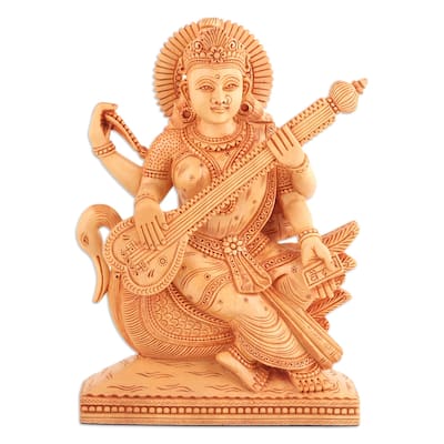 Novica Handmade Holy Saraswati Wood Sculpture