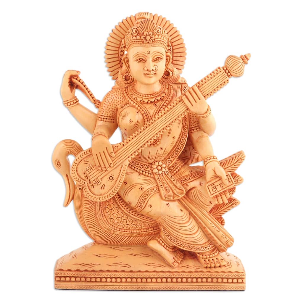 Novica Handmade Holy Saraswati Wood Sculpture