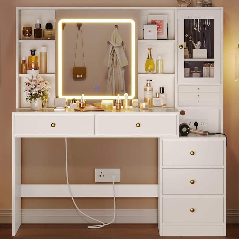 Vanity Desk with Sliding Mirror & Jewelry Organizer 5 Drawers - White