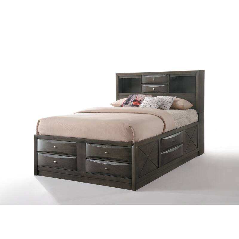 Full Size Synthetic Wood Storage Bed with 8 Drawers and Bookcase Headboard - Gray,Oak
