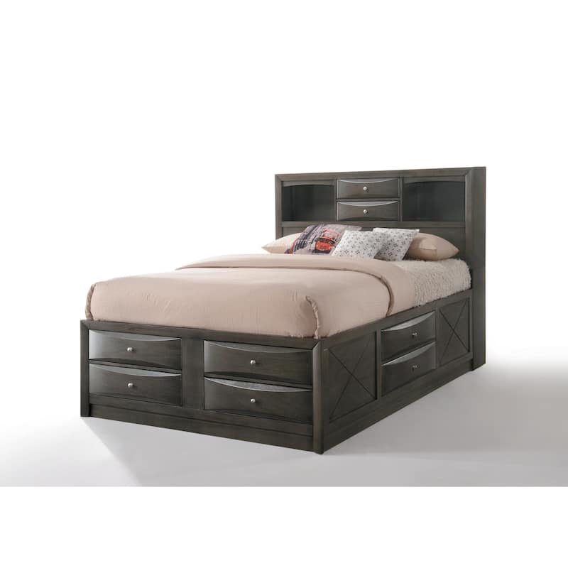 Queen Size Synthetic Wood Storage Bed with Bookcase Headboard and 8 Drawers