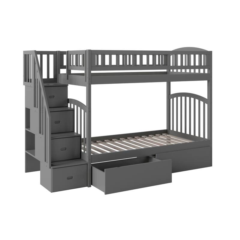 AFI Westbrook Twin over Twin Size Staircase Bunk Bed with Bed Drawers & Charging Station in Grey