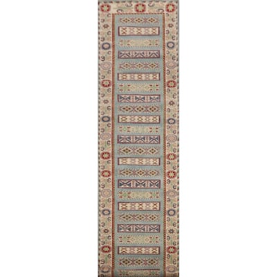 Light Blue Kazak Runner Rug Hand-Knotted Geometric Wool Carpet - 3'4" x 16'0"