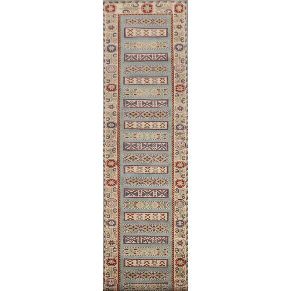 Light Blue Kazak Runner Rug Hand-Knotted Geometric Wool Carpet - 3'4" x 16'0"