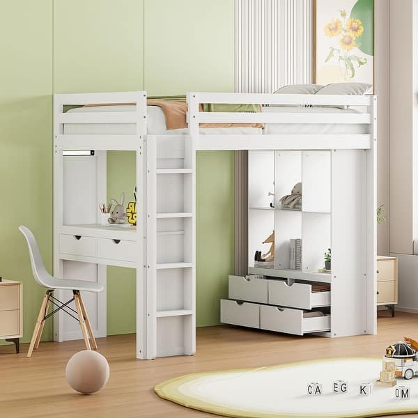 slide 2 of 50, Loft Bed with large shelves, writing desk and LED Light White - Twin