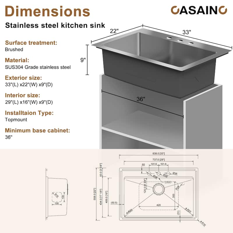 33 in. Drop-in Single Bowl 18 Gauge Brushed Stainless Steel Kitchen Sink with Bottom Grid and Basket Strainer, cUPC Certified