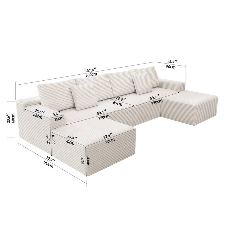137.8" Modular Sectional Sofa 4-Piece Upholstered Corduroy Couch No Assembly Required, Plush Foam Seating for Living Room