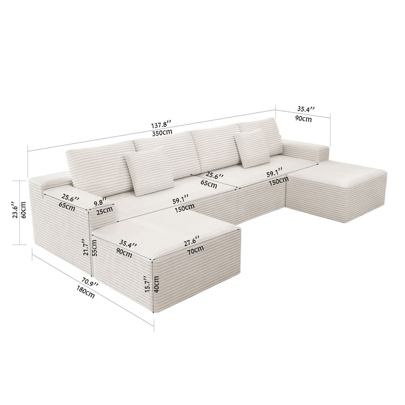 U Shaped Modern Sofa Modular Sectional Cloud Couch with 2 Ottoman, Deep Seat Couches Corduroy Fabric Sofa for Living Room