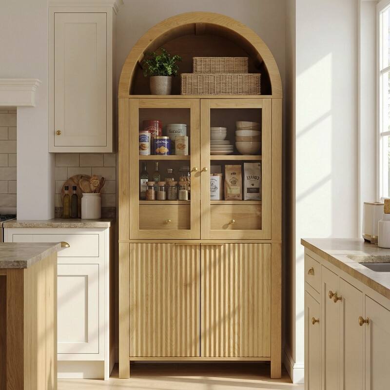 71" Tall Fluted Arched Pantry Cabinet with Glass Doors and Adjustable Shelves for Elegant Kitchen Storage - Oak