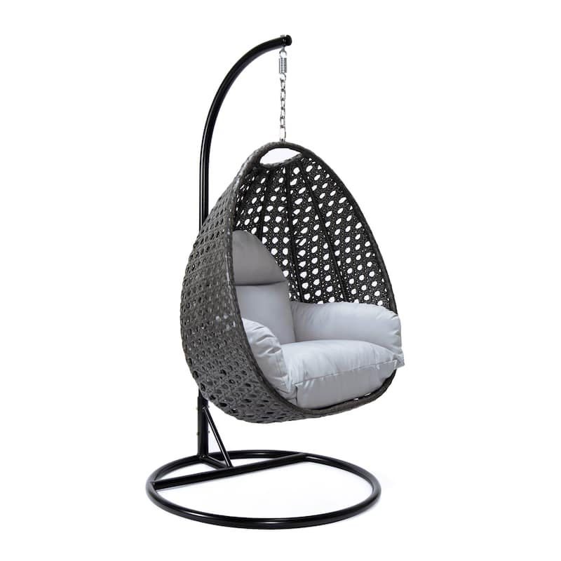 LeisureMod Charcoal Single Seater Rattan Wicker Egg Swing Hanging Chair for Indoor Outdoor Patio Porch Backyard Garden - Light Grey