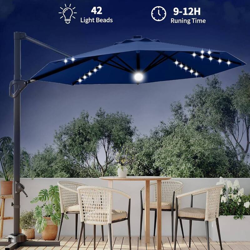 10FT Outdoor Patio Cantilever Umbrella with LED for Garden Pool Deck BackYard