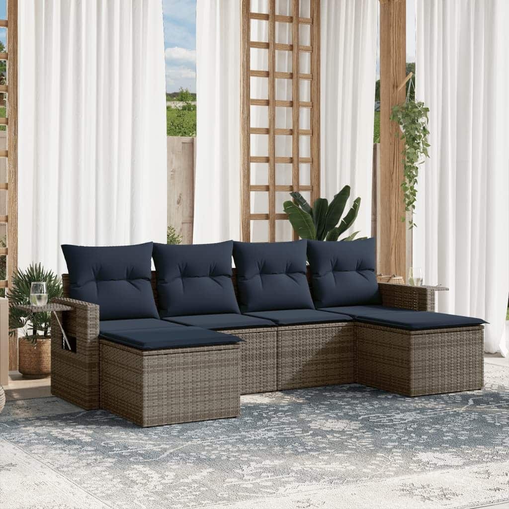 vidaXL 6 Piece Patio Sofa Set with Cushions Grey Poly Rattan - 21.7 x 24.4 x 27.2