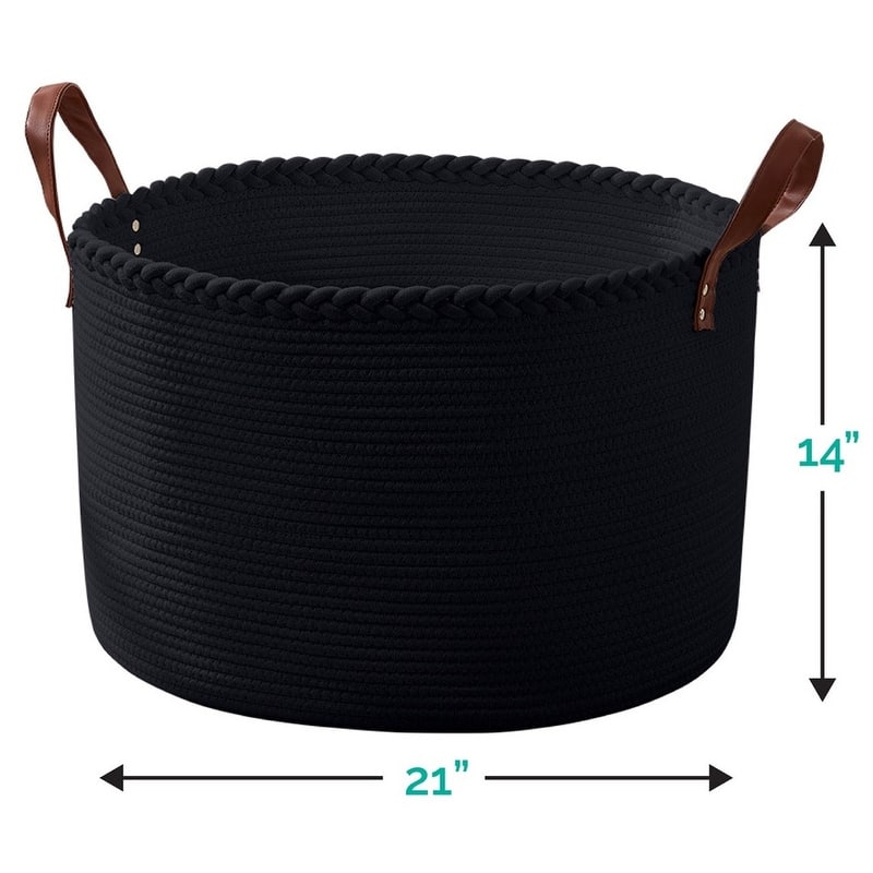 Large Round Cotton Rope Storage Basket Laundry Hamper with Leather Handles, 21 x 21 x 14 - 21" x 21" x 14"