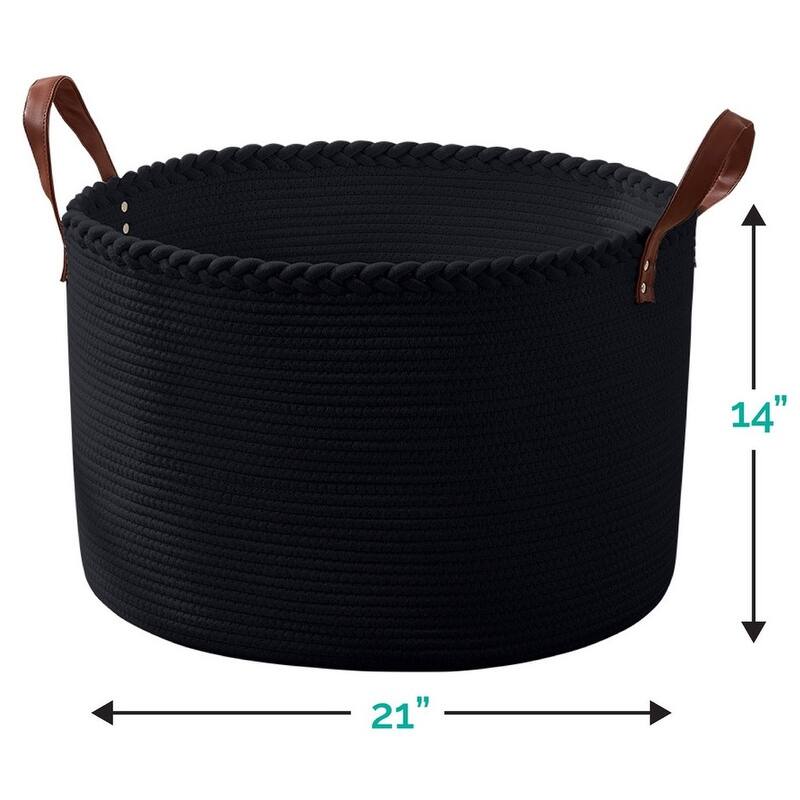 Large Round Cotton Rope Storage Basket Laundry Hamper with Leather
