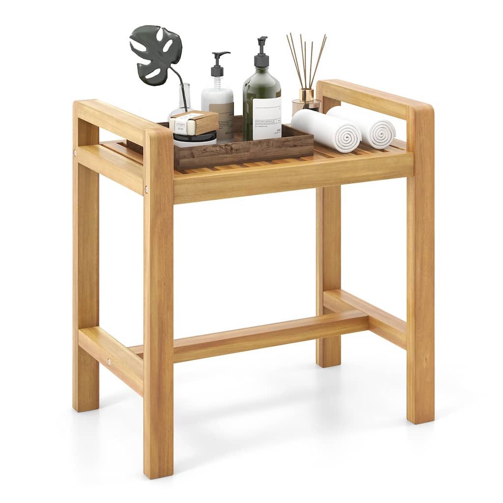 Gymax Teak Wood Shower Bench Solid Wood Stool for Inside Shower