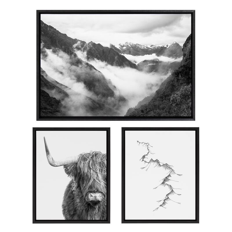 Kate and Laurel Sylvie Cow, Mountains, and Inca Trail Framed Canvas - 3 Piece - Plastic - Black