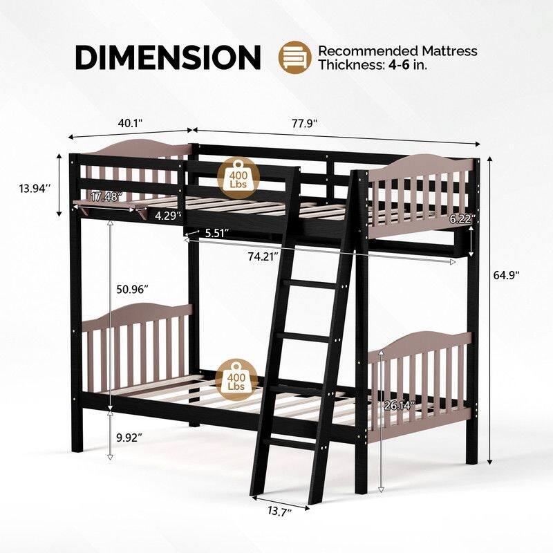 Twin Over Twin Solid Wood Bunk Bed for Kids and Adults, No Box Spring Required