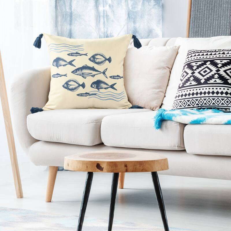 Sevita Denim Blue Coastal Fish-Patterned Polyester Throw Pillow, 20" x 20" - Accent - 20" x 20" - Polyester - Denim Blue - Single
