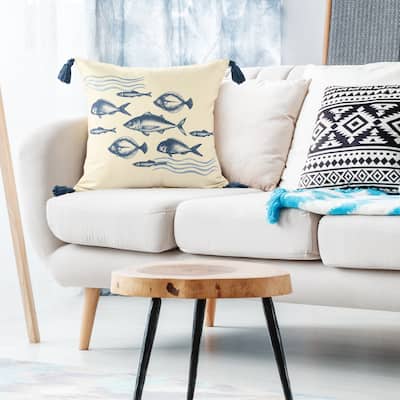 Sevita Denim Blue Coastal Fish-Patterned Polyester Throw Pillow, 20" x 20"