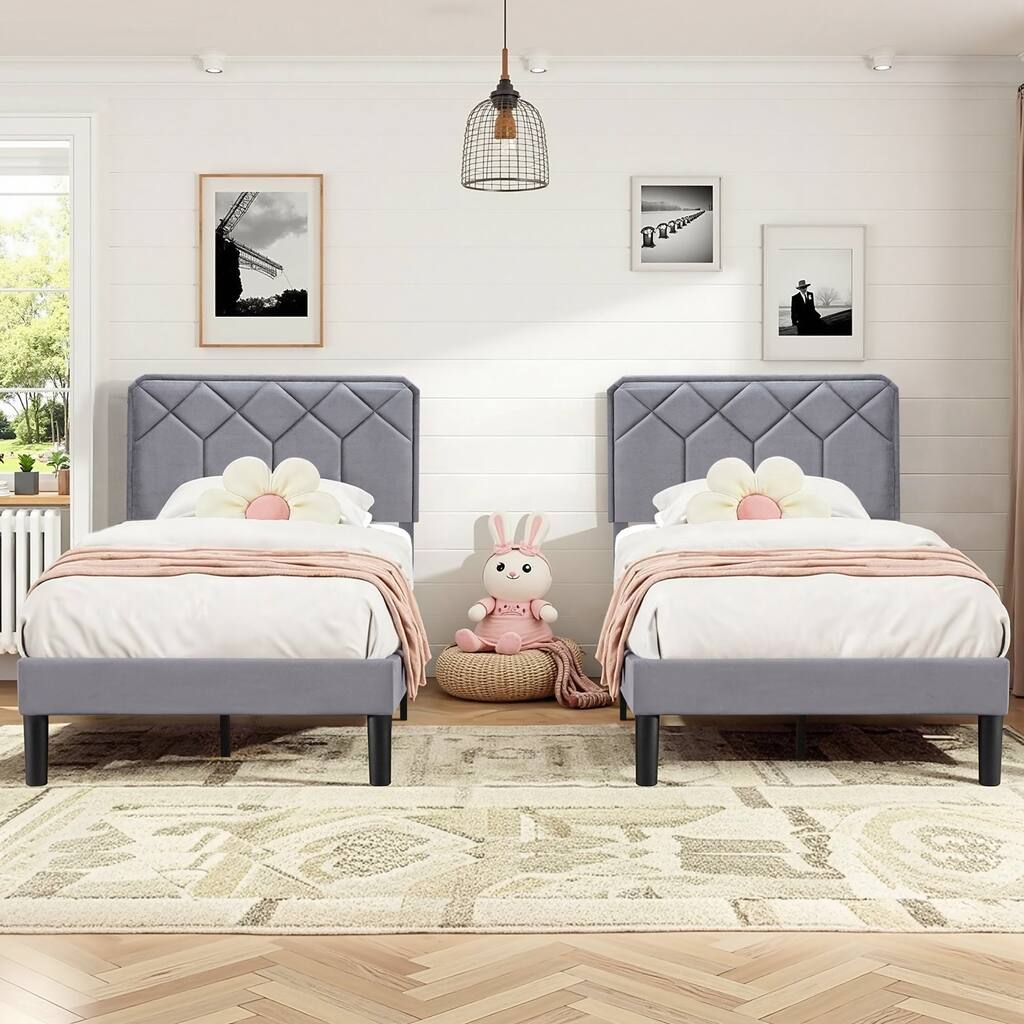 2 Pcs Upholstered Twin Size Platform Bed with Adjustable Headboard Twin Platform Bed Set of 2