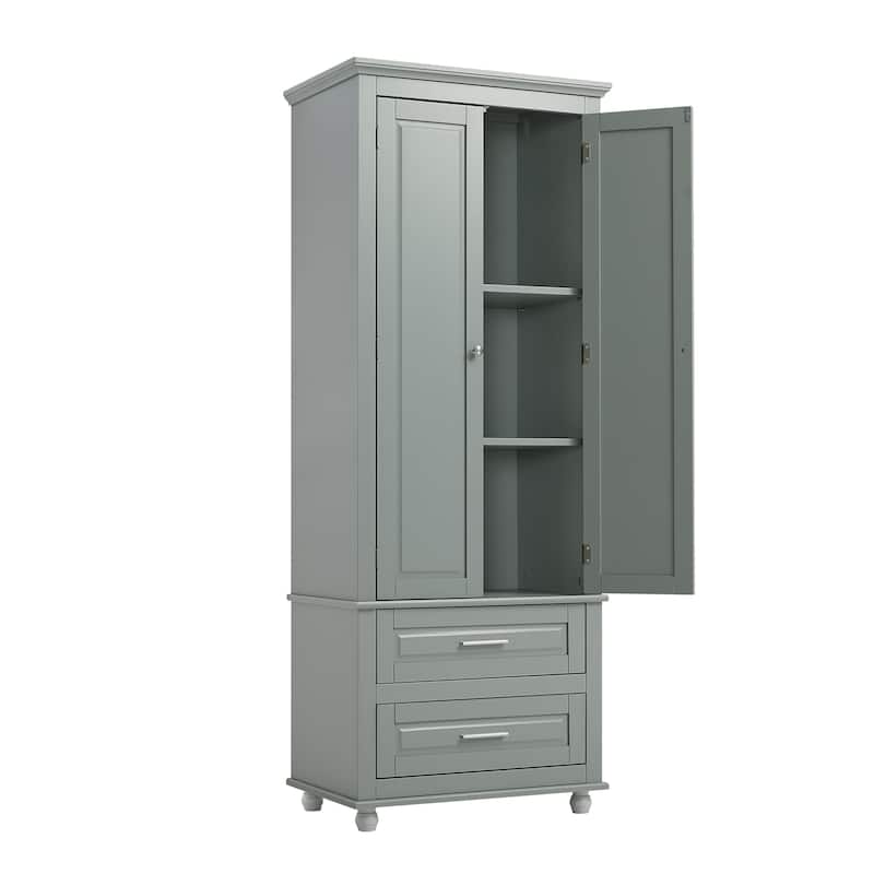 Floor Standing Bathroom Cabinet 62.50" H Wooden Bathroom Cabinet with 2 Drawers 2 Door Vertical Bathroom Organizer Cabinet