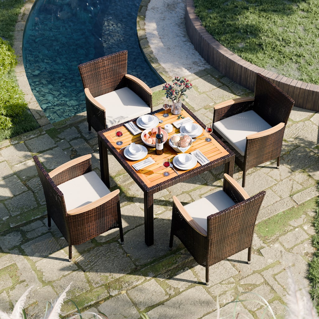 Futzca Patio Wicker Dining Set with Wood Table and Chairs - N/A
