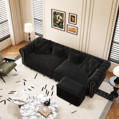 3-in-1 Pull-Out Sofa Bed, Convertible Sleeper Sofa, King Chaise Lounge,Velvet 3-Seater Sofa with Movable Ottoman